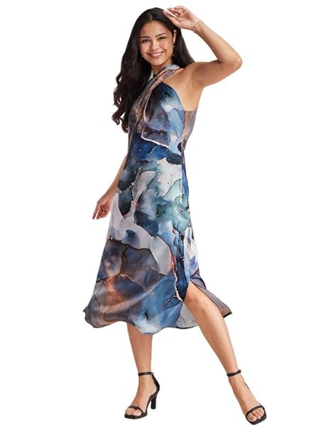 FableStreet Women's Satin Floarl Print Halter Neck Dress | Perfect for Outings and Brunch