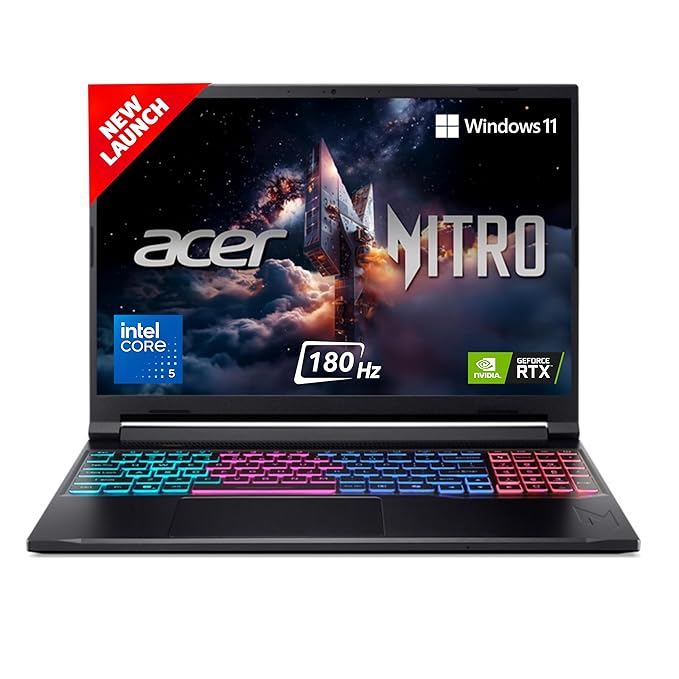 acer Nitro V 16S, Intel Core 5-210H Processor, NVIDIA GeForce RTX 5050-8GB GDDR7, 16GB DDR5, 512GB, FHD IPS, 16"/40.6cm, 180Hz, Win 11, Obsidian Black, 2.1KG, ANV16S-71, RGB KB, Gaming Laptop