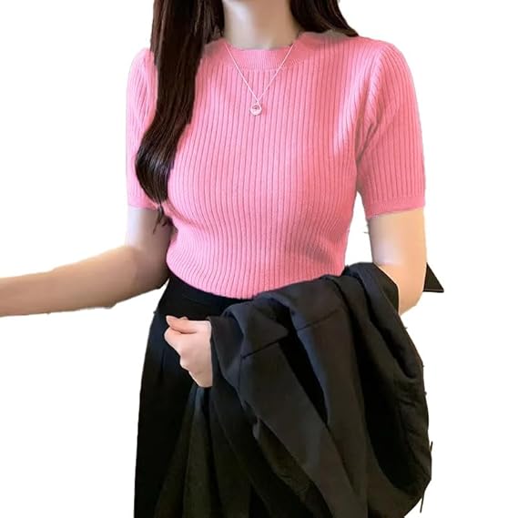 Istyle Can Women Ribbed Slim Fit Top | Stretch Cotton Knit Crew Neck T-Shirt | Solid Casual Short Sleeve Tee for Office, Layering