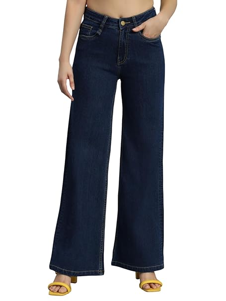 Amazon Brand - INKAST Women High Rise Wide Leg Full Length Cotton Poly Lycra Jeans | Casual Denim Wear