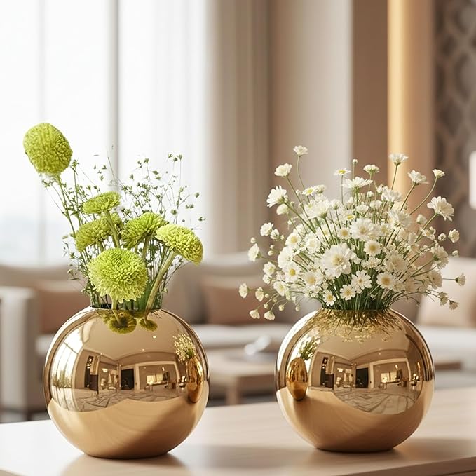 BEHOMA Metal Ball Round Metal Vase Set of 2 for Home Décor Decorative Flower Pot for Valentine’s Day | Perfect Couple Gift for Wedding, Anniversary, Birthday | Gold, Small (Flower Not Included)