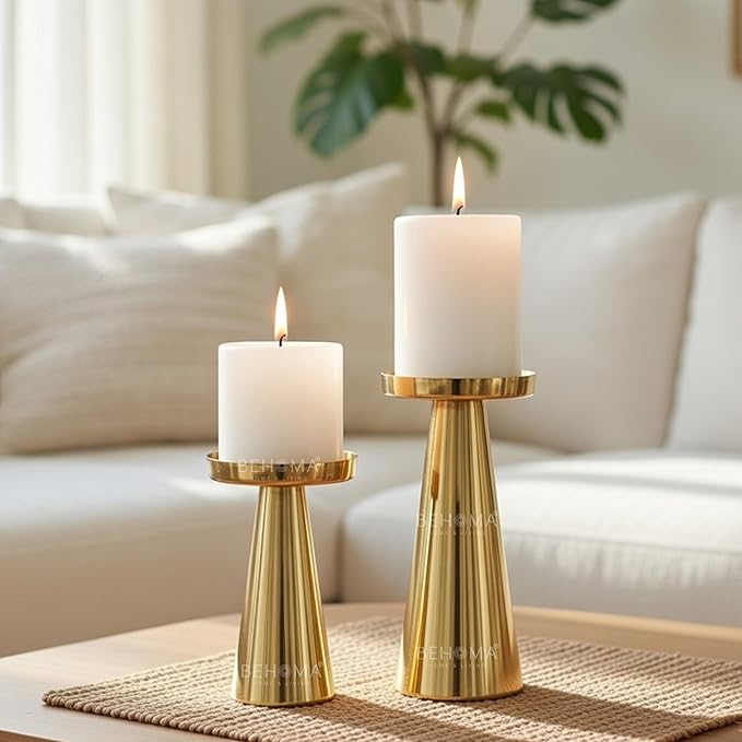Behoma Solid Large Metal Pillar Candle Holders with Gift Box | Centerpieces for Home Decor Coffee Table | Candles Stand for Wedding Gift, Housewarming | Golden, Set of 2 (Candles are not Included)