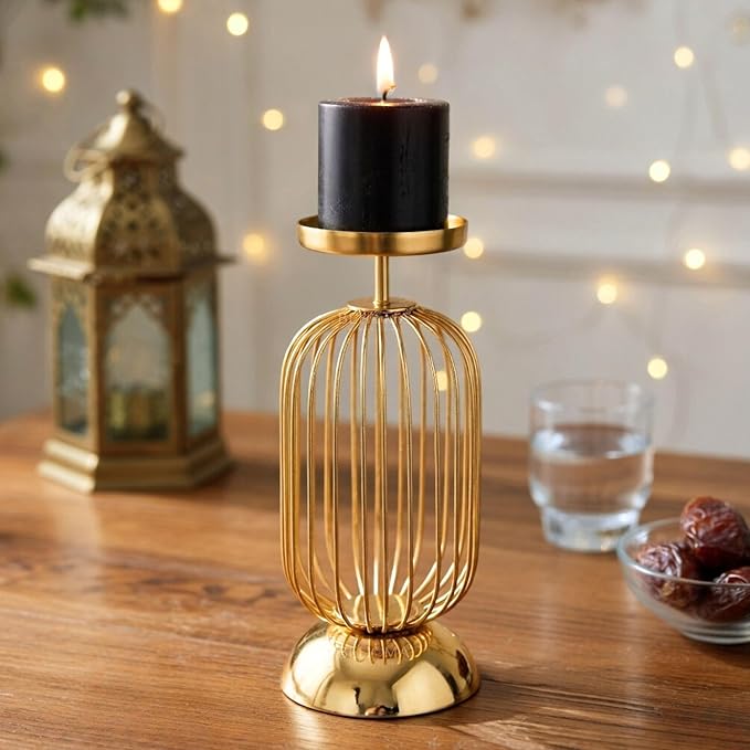 Behoma Metal Candle Holder Stand with Gold Finish | Decorative Pillar Candle Stand for Home, Living Room, Table Centerpiece, Modern Vintage Decor (10 Inch, Small,Candle is not Included)