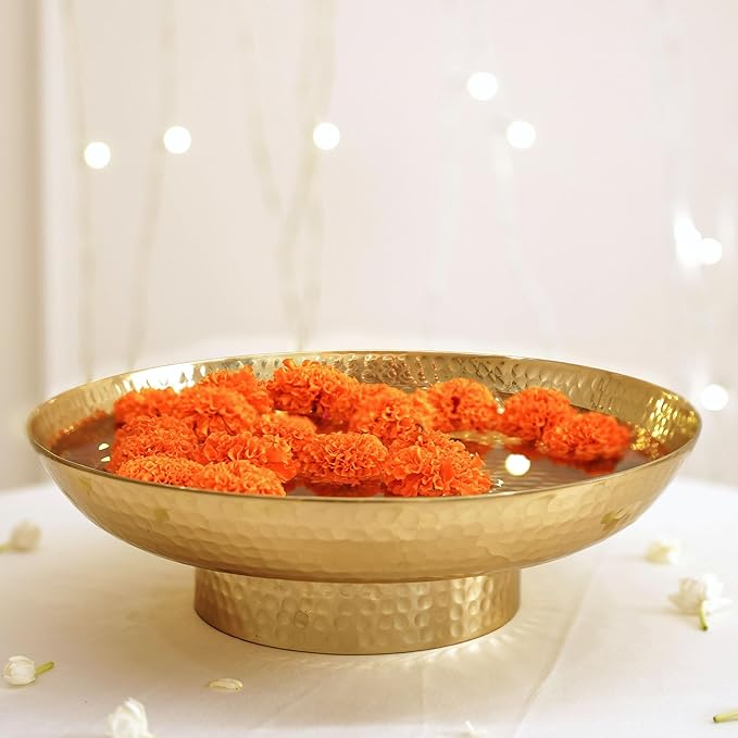 BEHOMA Golden Aluminium Hammered Urli Bowl 10" | Premium Wedding Dcor | Perfect for Mandap, Haldi, Mehendi, Reception & Durga Puja Decoration | Ramadan Floating Flower & Diya Decorative Bowl | 1000 ml