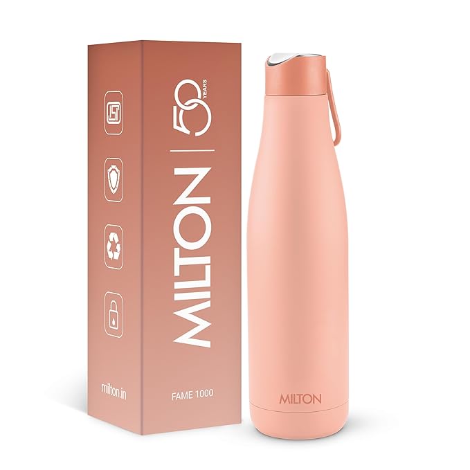 Milton Fame 1000 Thermosteel Water Bottle 880 ml, 24 Hr Hot and Cold I Leak Proof Lid, ISI Certified I Vacuum Insulated I for Office, Gym, School I Peach