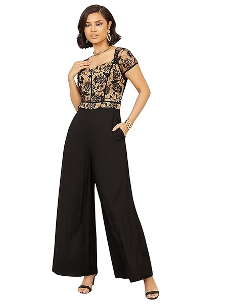 Miss Chase Women's Sweetheart Neck Raglan Sleeve Floral Lace Overlaid Viscose-Rayon Regular Length Jumpsuit