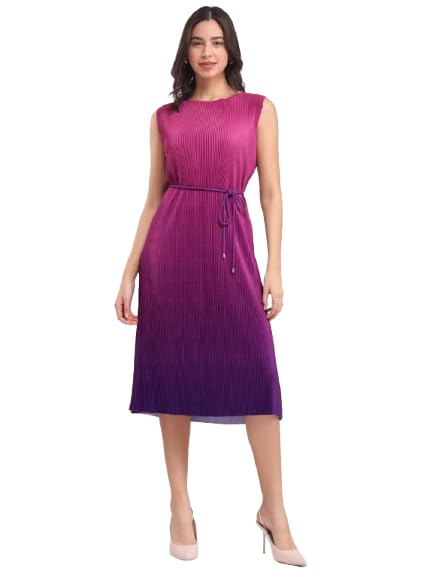 FableStreet Women Evening Dress | Pleated Shift Fit Sleeveless Round Neck Ombre Pattern | Lightweight Fabric with Detachable Belt & Pockets
