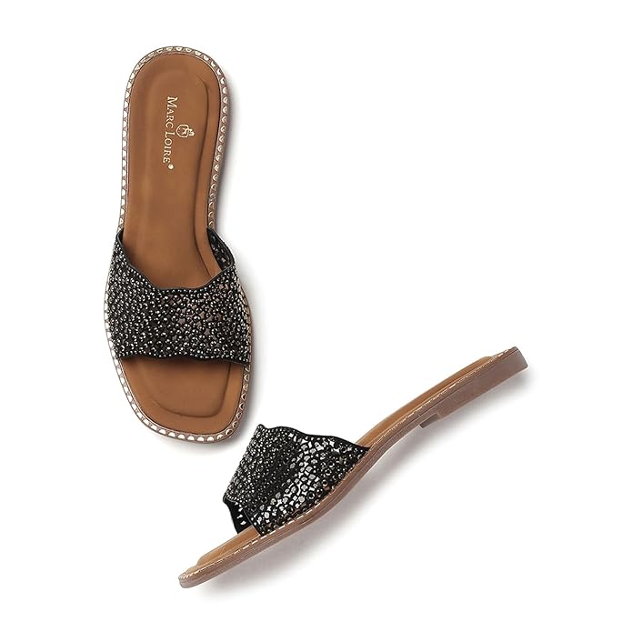 Marc Loire Women Smart Casual Embellished Slip-On Flats Chappals | Open Toe Fashion Sandals with Comfortable Sole