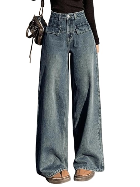 Aahwan Women's Flared Fit High Rise Solid Wide-Leg with Flap Detailing Korean Jeans