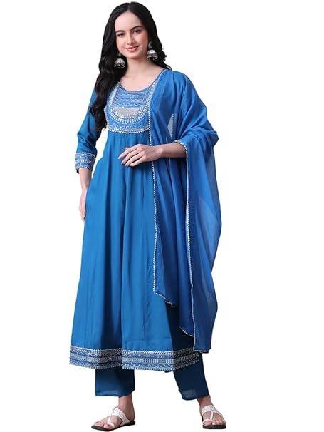Amazon Brand - Tavasya Women Rayon Anarkali Kurta Pant Dupatta Set | Embroidered Ethnic Suit Set | Straight Pant with Dupatta