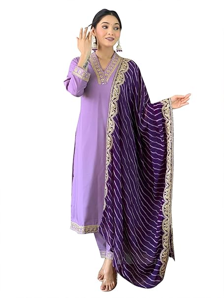 Naixa Women's Rayon Embroidered Straight Kurta with Pant and Dupatta Sets (NX-450)