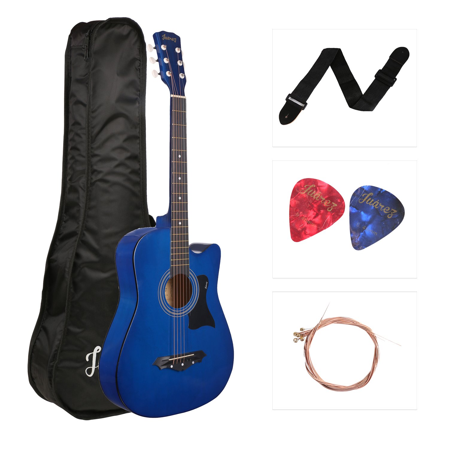 Juarez Lindenwood Acoustic Guitar Kit, JRZ38C/TBS 38 Inches Cutaway, 38C With Bag, Strings, Pick And Strap, TBS Transparent (Blue Sunburst)