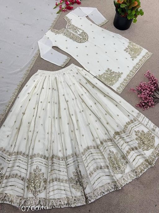 Shishkala Women's White Embroidered Georgette Sharara Set with Dupatta | Party Kurta Pant | Festive Wedding Ethnic Dress for Women Elegant dress