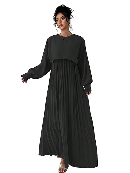 LITZO Dress for Women || Women’s Solid Pleated Maxi Dress || Modest Long Sleeve Loose Fit Flowy Gown for Casual, Office & Brunch || Lightweight Comfortable Western Outfit (T-L-17-18)