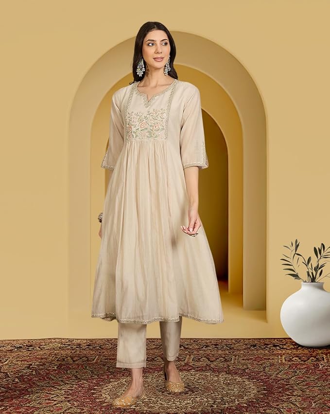 Amazon Brand - Tavasya Women Cotton Blend Zari Sequin Thread EmbroideKurta Set with Pant and Dupatta|Ethnic Wear (PHSKS1782_RPP_M)