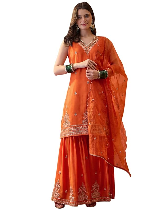 Amazon Brand - Tavasya Women Silk Blend Zari Sequin EmbroideKurta with Sharara and Dupatta Set|Ethnic Wear (PHSKS1737_VBT_2XL)