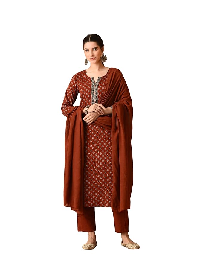 Amazon Brand - Tavasya Womens Ethnic Motifs Printed Regular Pure Cotton Kurta with Trousers & Dupatta | Kurta Set | Salwar Suit | Ethnic Wear