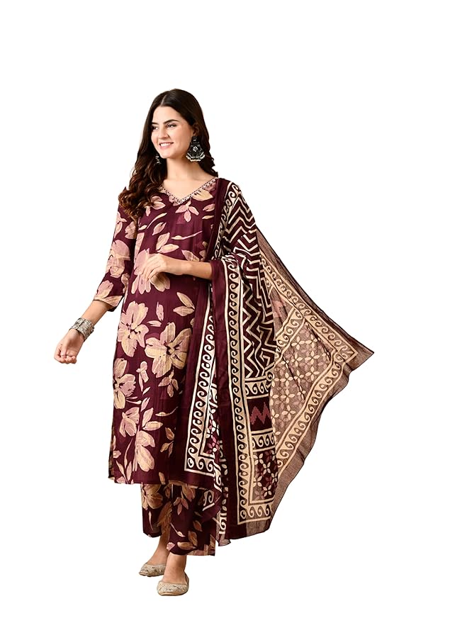 Amazon Brand - Tavasya Women Floral Printed Regulat Fit Kurta Set with Dupatta | V-neck Salwar Suit | Ethnic Wear