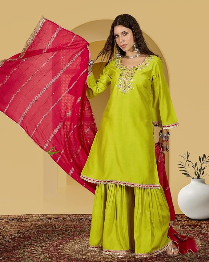 Amazon Brand - Tavasya Women Silk Blend Zari Sequence and Thread Embroidered Kurta with Sharara Set |Ethnic Wear