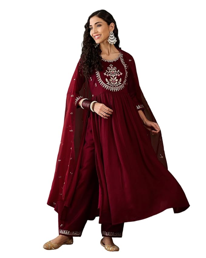 Amazon Brand - Tavasya Women Vichitra Zari Sequence Embroidered Kurta with Pant and Dupatta Set | Kurta Set