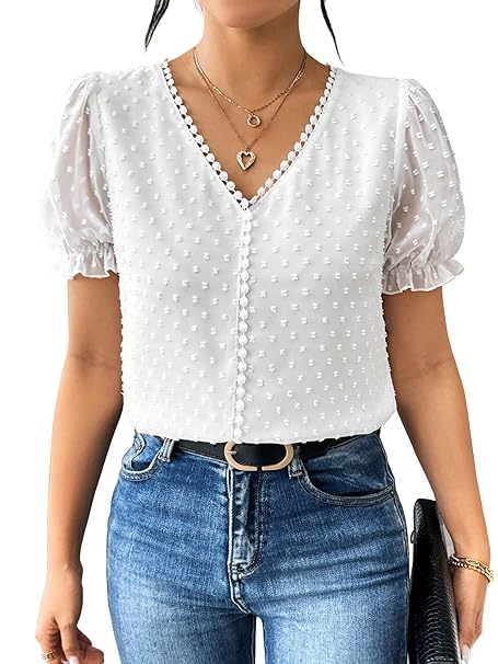 Shasmi Women's Elegant French Textured Fabric Solid Color Lace Panel V-Neck Jacquard Blouse,Short Puff Sleeve Tops Simple Daily Spring/Summer Casual Blouse Shirt (Top 178)