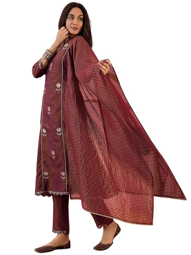 Amazon Brand - Tavasya Women Silk Blend Zari Sequence Embroidered Kurta with Pant and Dupatta | Kurta Set