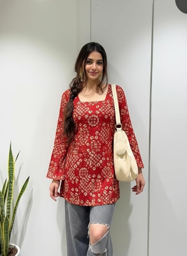 ANNI Designer Women’s Viscose Blend Printed Short Kurti | Straight Fit Casual Ethnic Top | Square Neck Full Sleeve Kurta Office College