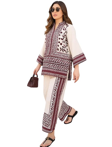 Modestouze Attires Cord Set for Women Cotton Stylish Poly Rayon - Turkish Co Ord Set for Women Stylish Mandarin Neck Floral Print Western Co Order Sets, Wear as Office Coat, Travel Coord