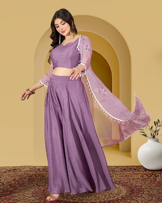 Amazon Brand - Tavasya Women Zari Sequence Thread Embroide with Lace Blouse with Plazzo and Shrug|Salwar Suit|Kurta Set|3 Piece Set