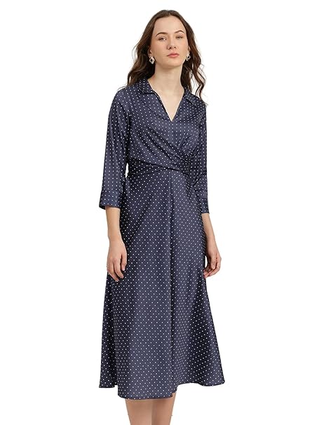 FableStreet Women Casual Dress | Fit & Flare Midi Wrap Style with Surplice Neckline & Three-Quarter Sleeves | Lightweight Fabric & Floral Print for Daytime Occasions