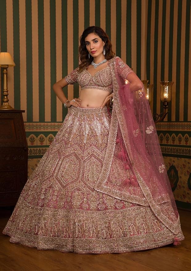 Women's Onion Pink Stonework Net Readymade Lehenga