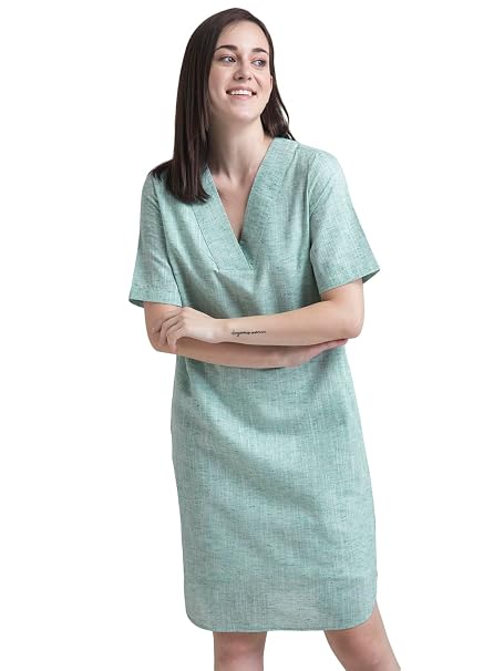 FableStreet Women's Cotton Chambray V Neck Straight Midi Dress - Green (DR537GREN)