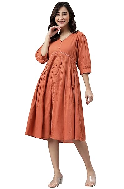 Janasya Women's Cotton Solid Flared Dress