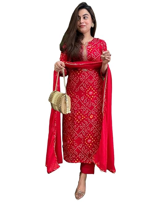 Brand: GoSriKi GoSriKi Viscose Printed Straight Kurta with Pant and Dupatta for Women | Viscose Wine | 3/4 Sleeve | Round Neck V-Slit | Ethnic Wear Casual Wear