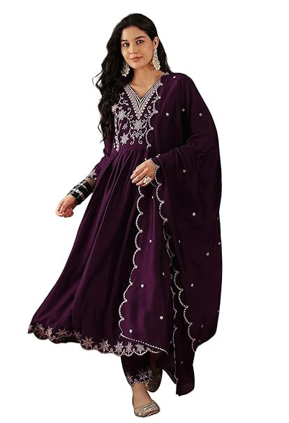 Amazon Brand - Tavasya Women Vichitra Zari Sequence Cut Work Embroidered Kurta with Pant and Dupatta |Ethnic Wear
