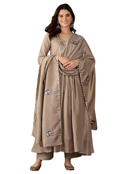 Naixa Women's Vichitra Silk with Lining Embroidered Flared Kurta with Pant | Vichitra Silk Scalloped Embroidered Dupatta Set | 3/4 Sleeve | Round Neck | Festive