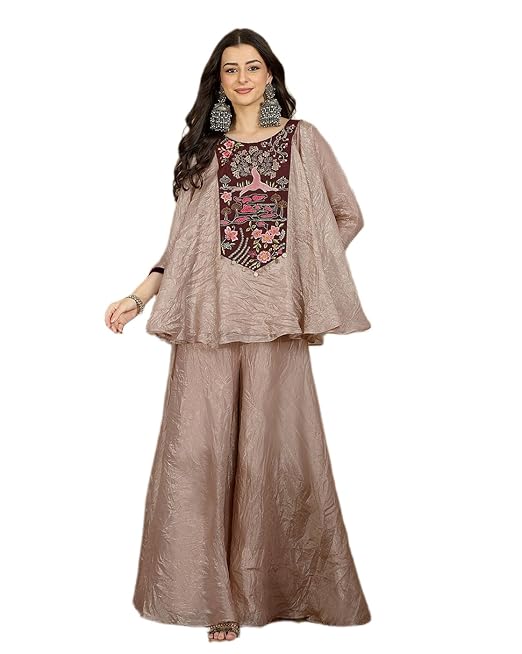 Amazon Brand - Tavasya Golden Beige Zari Sequin Thread Embroidered Top with Flared Palazzo Set (TKVSKS528_INDS_S)