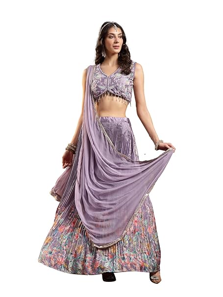 Stylum Women's Purple Floral Printed & Embroidered Silk Blend Lehenga Choli With Dupatta