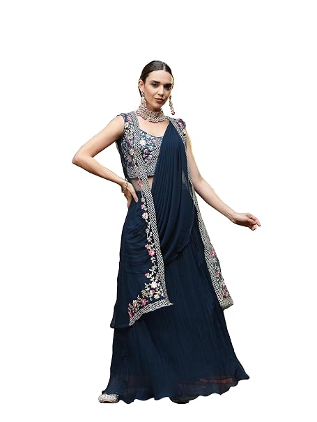 Stylum Women's Printed & Embroidered Georgette Draped Readymade Lehenga Choli With Jacket