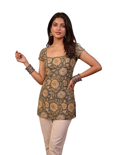 Lymio Women's Short Kurti Top | Short Sleeve Rayon Scoop Neck Casual Ethnic Tunic | Summer Resort & Garden (K-237-42-47)