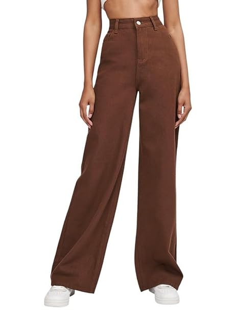 DEELMO Women High Rise Wide Leg Denim Jeans | Straight Fit Full Length Casual Wear Jeans with Functional Pockets for Daily Use