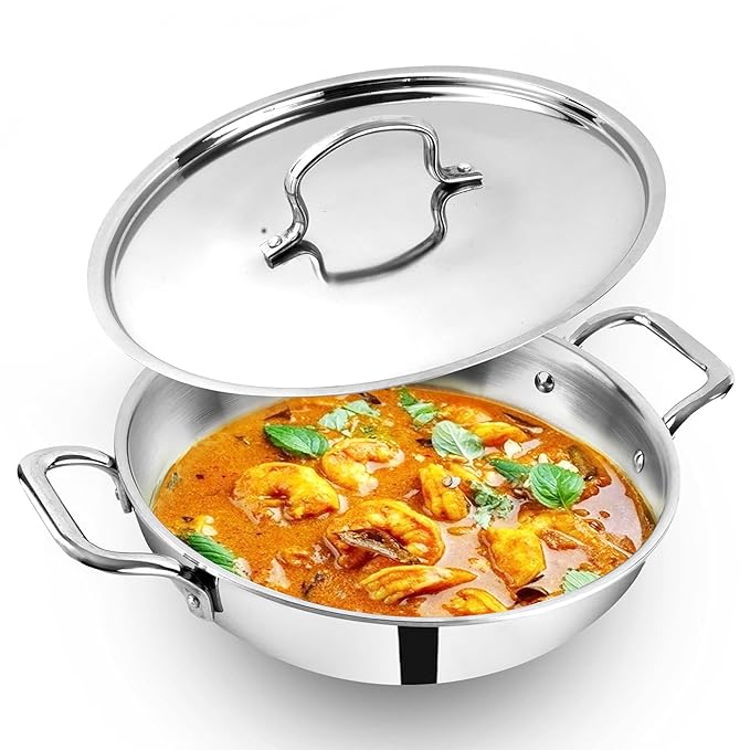 The Indus Valley Triply Stainless Steel Kadai/Kadhai with Steel Lid | 30cm/11.8 inch, 4.5Ltr, 2.4kg | Induction Friendly | Nonstick 3-Layer Body, 100% Toxin-Free, No Chemical Coating
