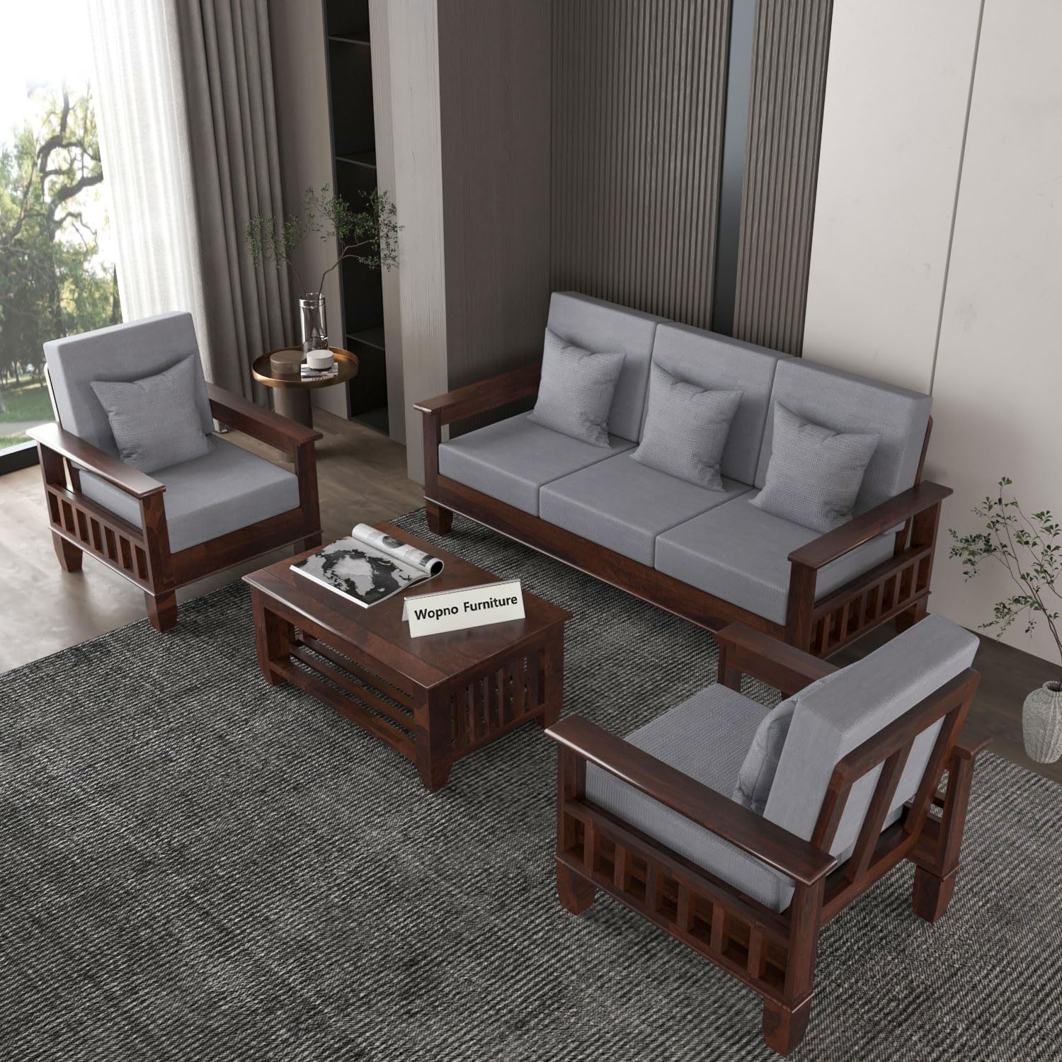 Sheesham Wooden 5 Seater Sofa Set for Living Room | Rosewood Cushion Sofa with Side Newspaper Holder for Home & Office | Solid Wood Sofa Set for Lounge (Walnut, 3+1+1 Seater)