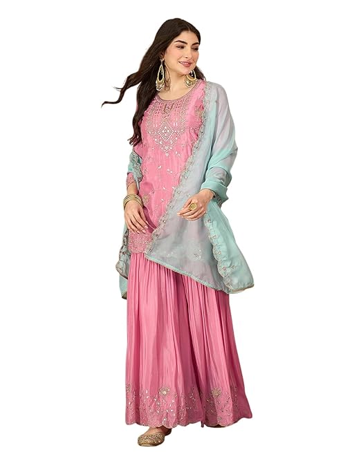 Amazon Brand - Tavasya Women Silk Blend Zari Sequence Embroidered Kurta with Sharara and Dupatta | Kurta Set | Ethnic Wear | Salwar Suit