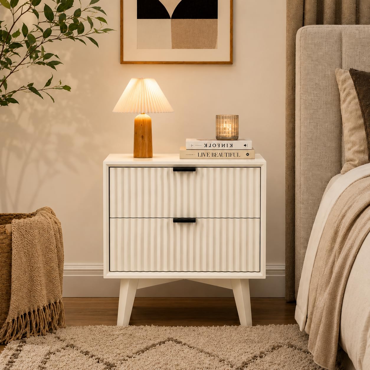 Wooden Bedside Table for Luxury Bedroom | Wooden Bed Side Nightstand Lamp Table with 2 Drawers Storage | Premium Wood Side Table for Living Room, Home & Office | Fluted (White, Fluted)
