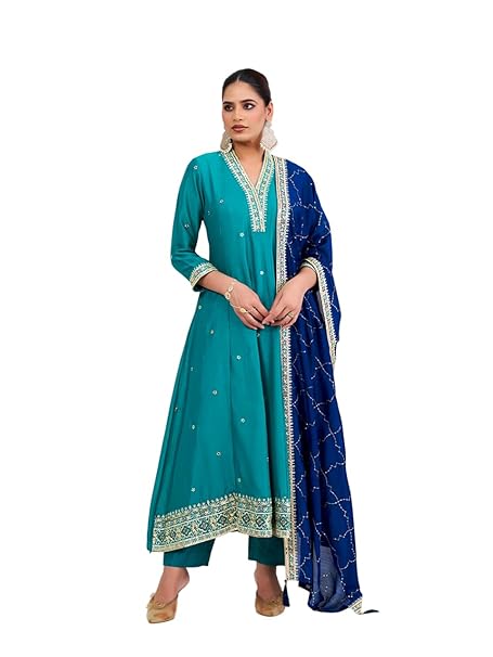 MOKOSH Women’s Silk Anarkali Suit Floral Thread & Sequin Embroidered Kurta Pant Dupatta Set Ethnic Wear