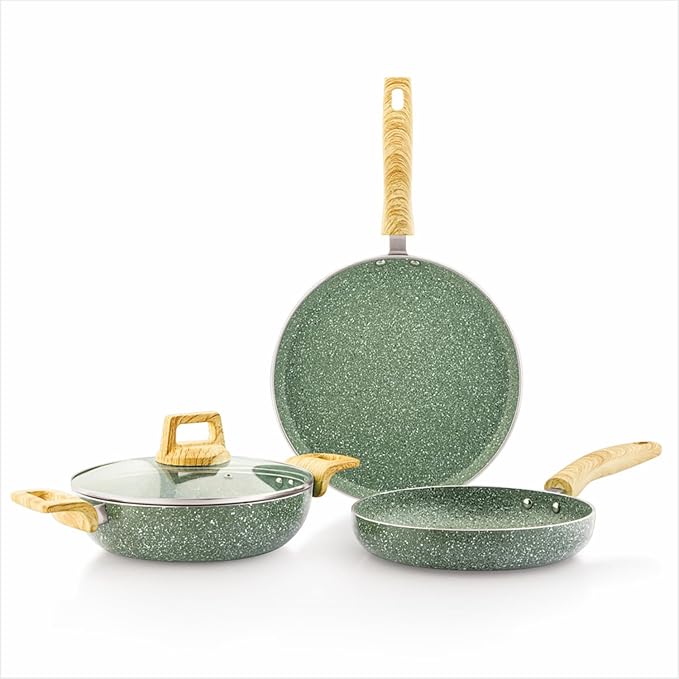Amazon Basics Granite Finish Aluminium Non-Stick Cookware Set | Set of 3 | Induction Base | 24cm Fry Pan, 24 cm Kadai, 28cm Tawa| Olive Green