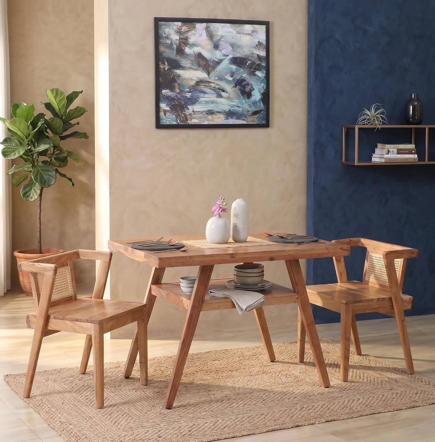 SMAART Crafts Ixigo 2 Seater Dining Table Set with Chairs | Solid Acacia Wood Rattan Sets for Home & Cafe | Compact Wooden Dining'sTables for Kitchen, Living Room | Natural Finish