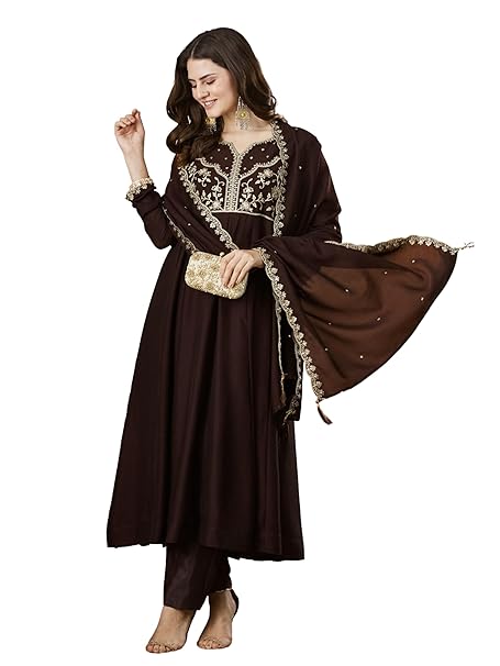 MOKOSH Women's Silk Embroidered Anarkali Kurta and Pant with Dupatta Set | 3 Piece Ethnic Kurta Set for Women | Regular Fit Traditional Outfit | Festive Anarkali Set for Women