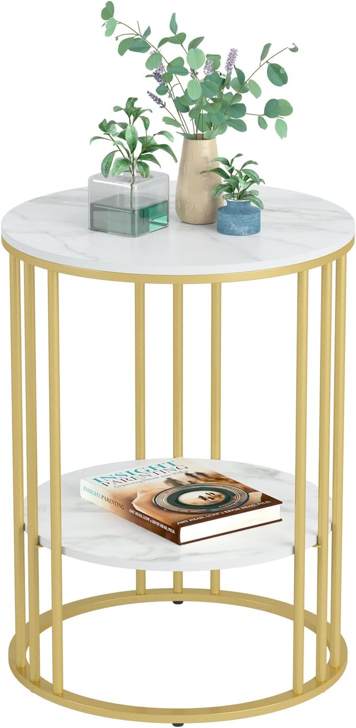 CARTADEN Side Table Small End Tables 40x54 cm Marble Design Bedside Table with Metal Legs Modern White Nightstand 2 Tier Round Sofa Coffee Table for Bedroom Living Room Furniture Gold